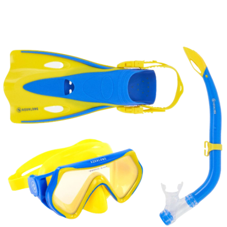 Juniorský potápěčský/šnorchlovací set AQUALUNG-SET HERO Junior-YELLOW BLUE LENS MIRROR