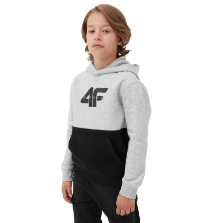 Chlapecká mikina s kapucí 4F JUNIOR-SWEATSHIRT-JAW23TSWSM628-27M-COLD LIGHT GREY MELANGE